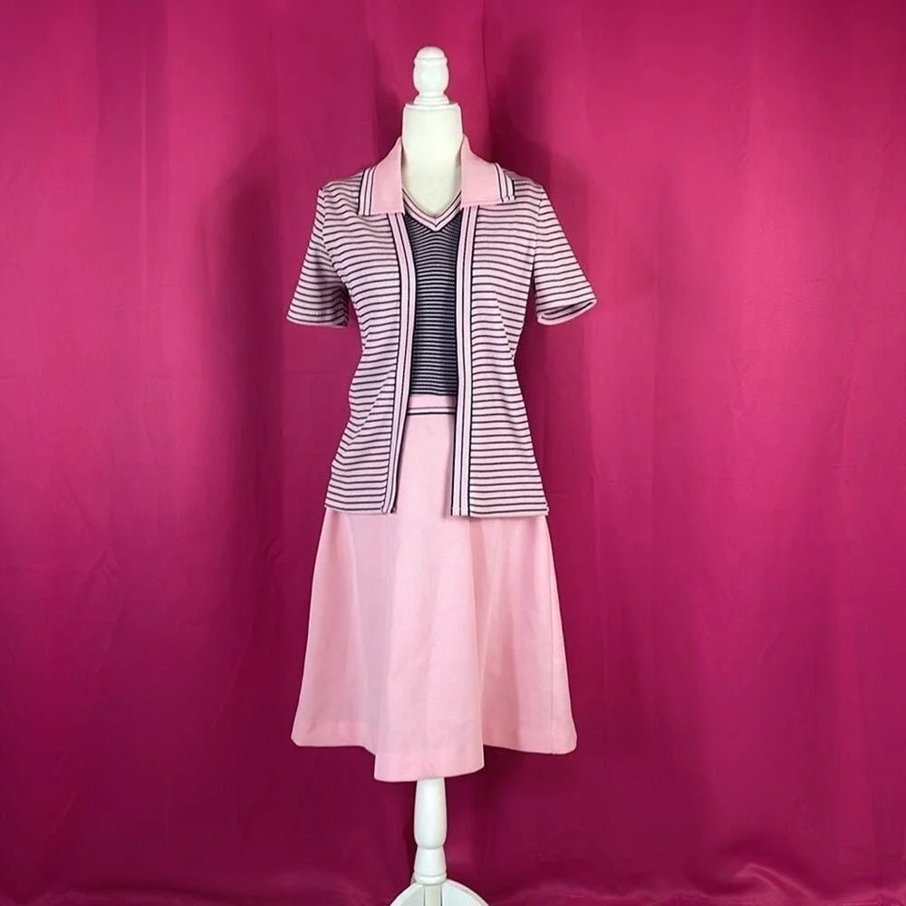 Vintage 60s 70s Striped‎ Knit Dress and Cardigan Set Pink Navy Size 16